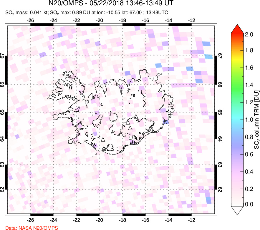 A sulfur dioxide image over Iceland on May 22, 2018.