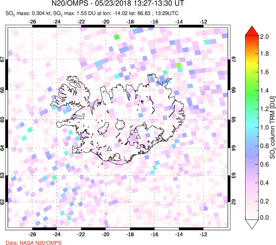 A sulfur dioxide image over Iceland on May 23, 2018.