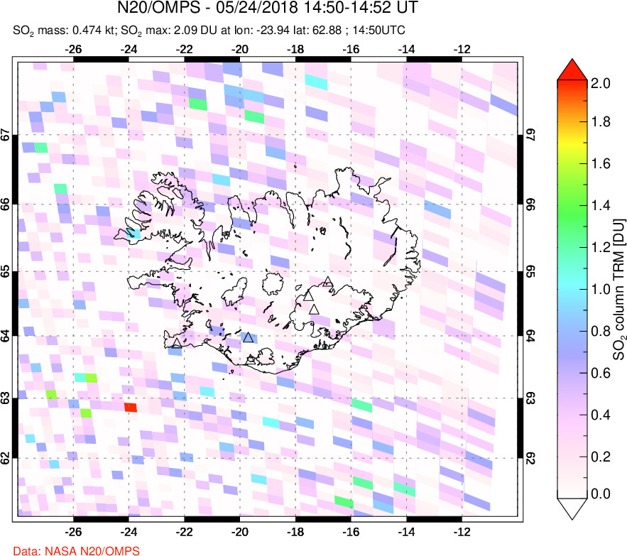 A sulfur dioxide image over Iceland on May 24, 2018.