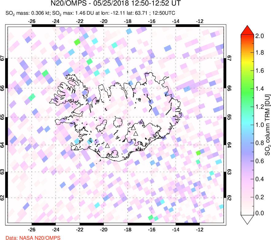 A sulfur dioxide image over Iceland on May 25, 2018.