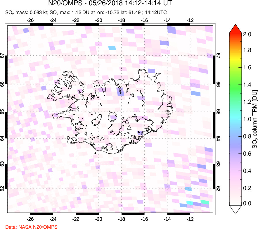 A sulfur dioxide image over Iceland on May 26, 2018.