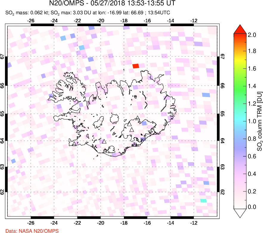 A sulfur dioxide image over Iceland on May 27, 2018.