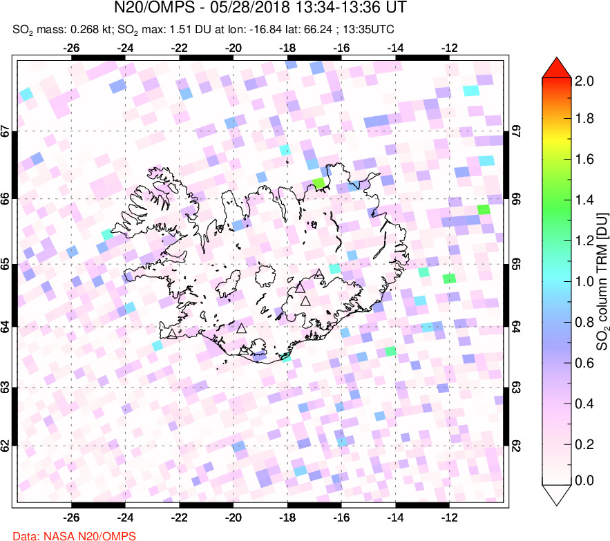 A sulfur dioxide image over Iceland on May 28, 2018.