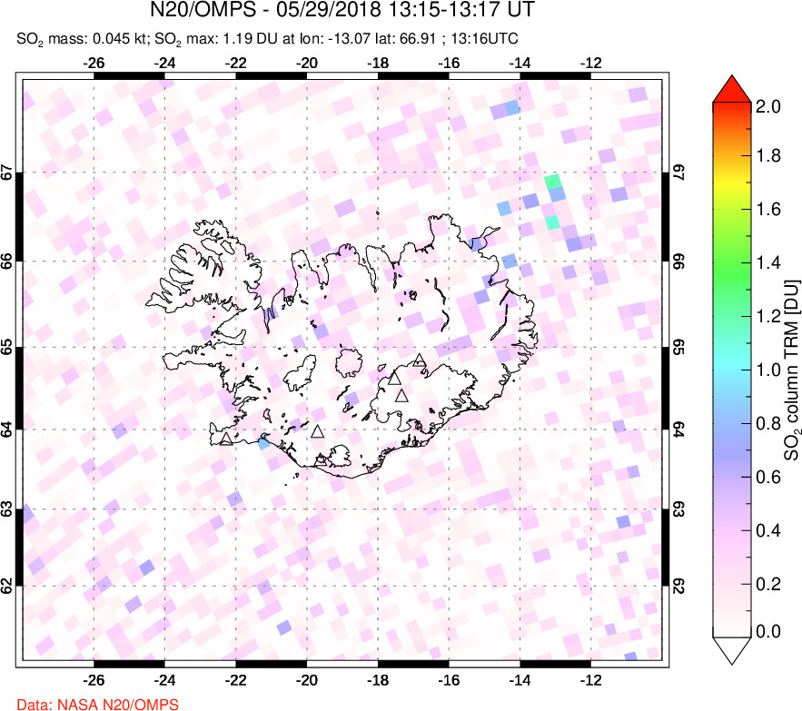 A sulfur dioxide image over Iceland on May 29, 2018.