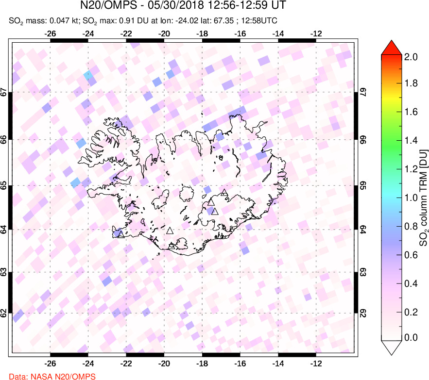 A sulfur dioxide image over Iceland on May 30, 2018.