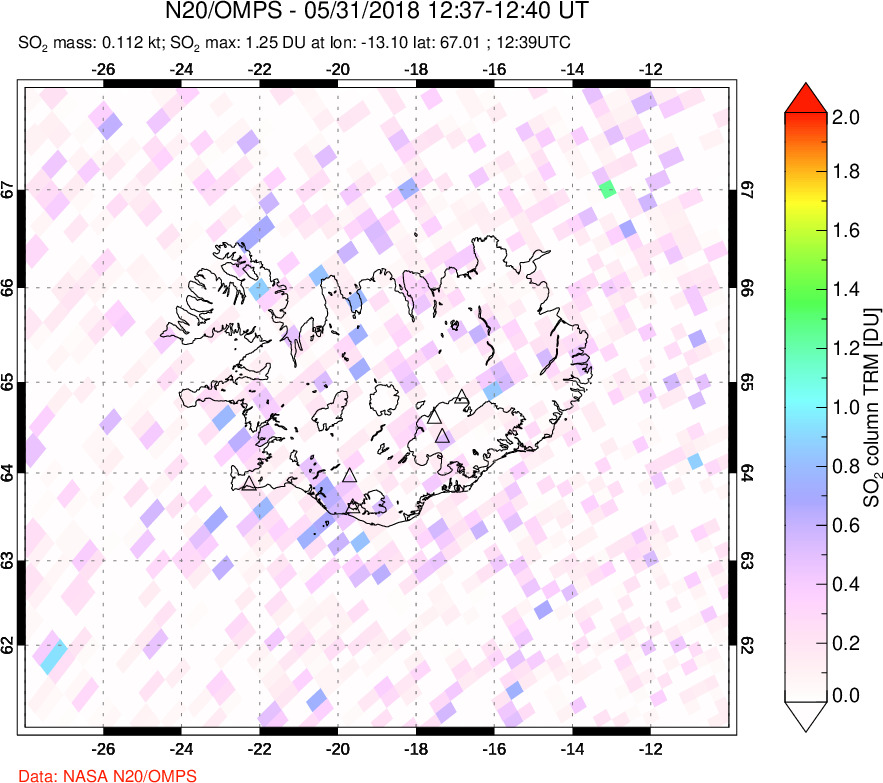 A sulfur dioxide image over Iceland on May 31, 2018.