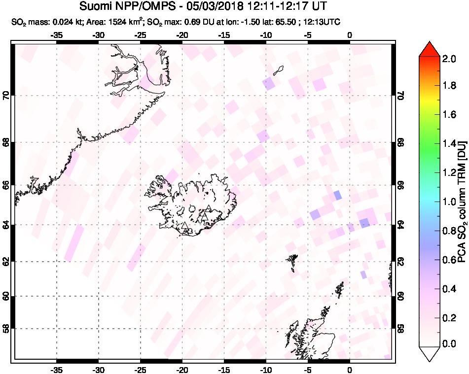 A sulfur dioxide image over Iceland on May 03, 2018.