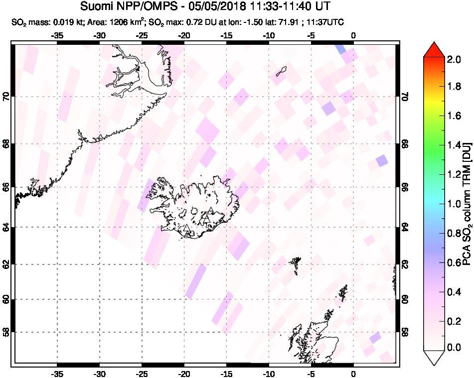 A sulfur dioxide image over Iceland on May 05, 2018.