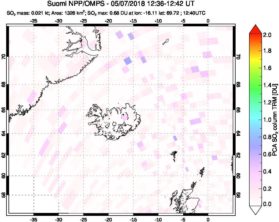 A sulfur dioxide image over Iceland on May 07, 2018.