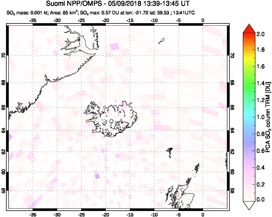 A sulfur dioxide image over Iceland on May 09, 2018.