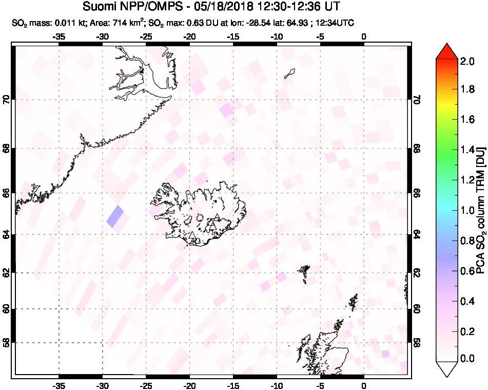A sulfur dioxide image over Iceland on May 18, 2018.