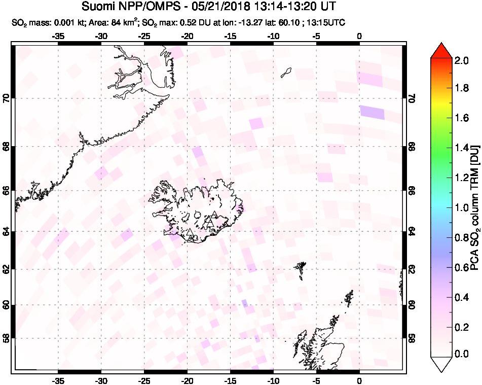 A sulfur dioxide image over Iceland on May 21, 2018.