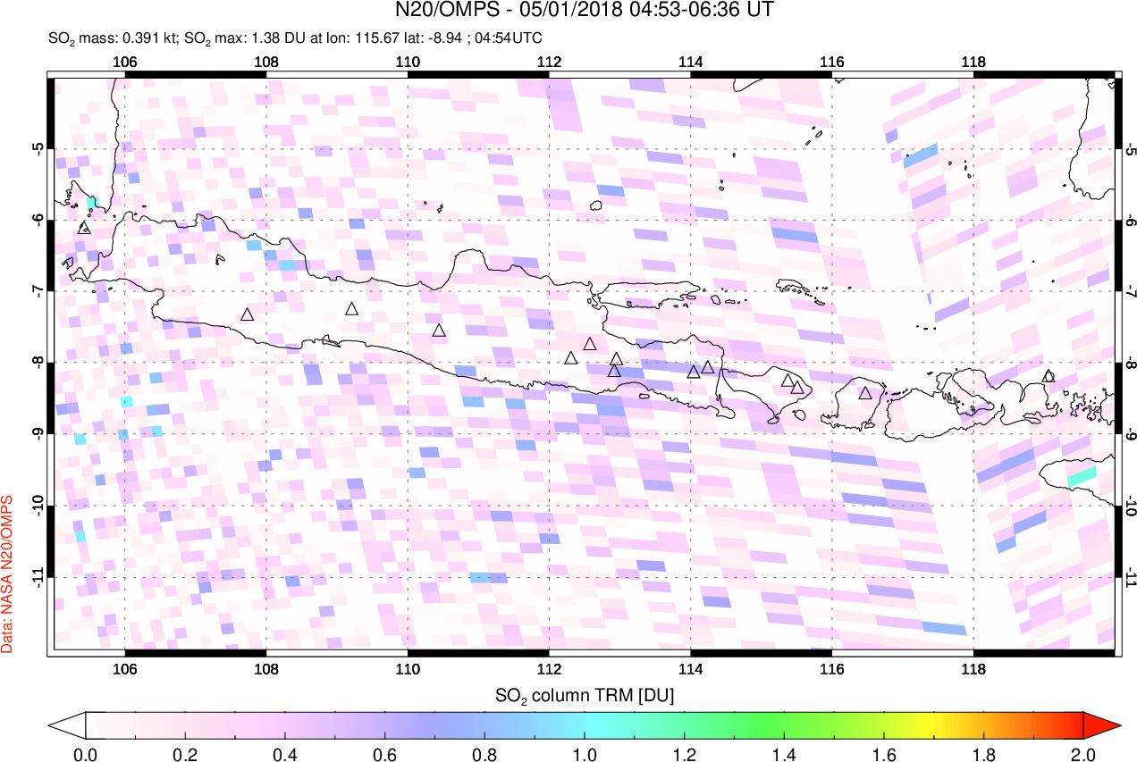 A sulfur dioxide image over Java, Indonesia on May 01, 2018.