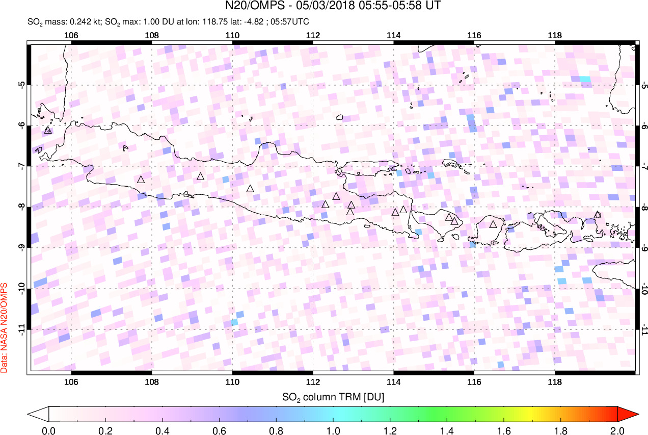 A sulfur dioxide image over Java, Indonesia on May 03, 2018.