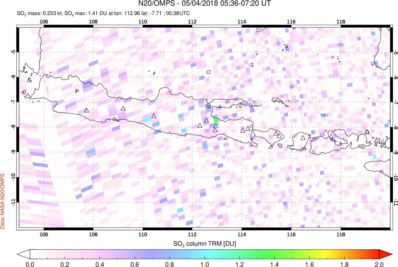 A sulfur dioxide image over Java, Indonesia on May 04, 2018.