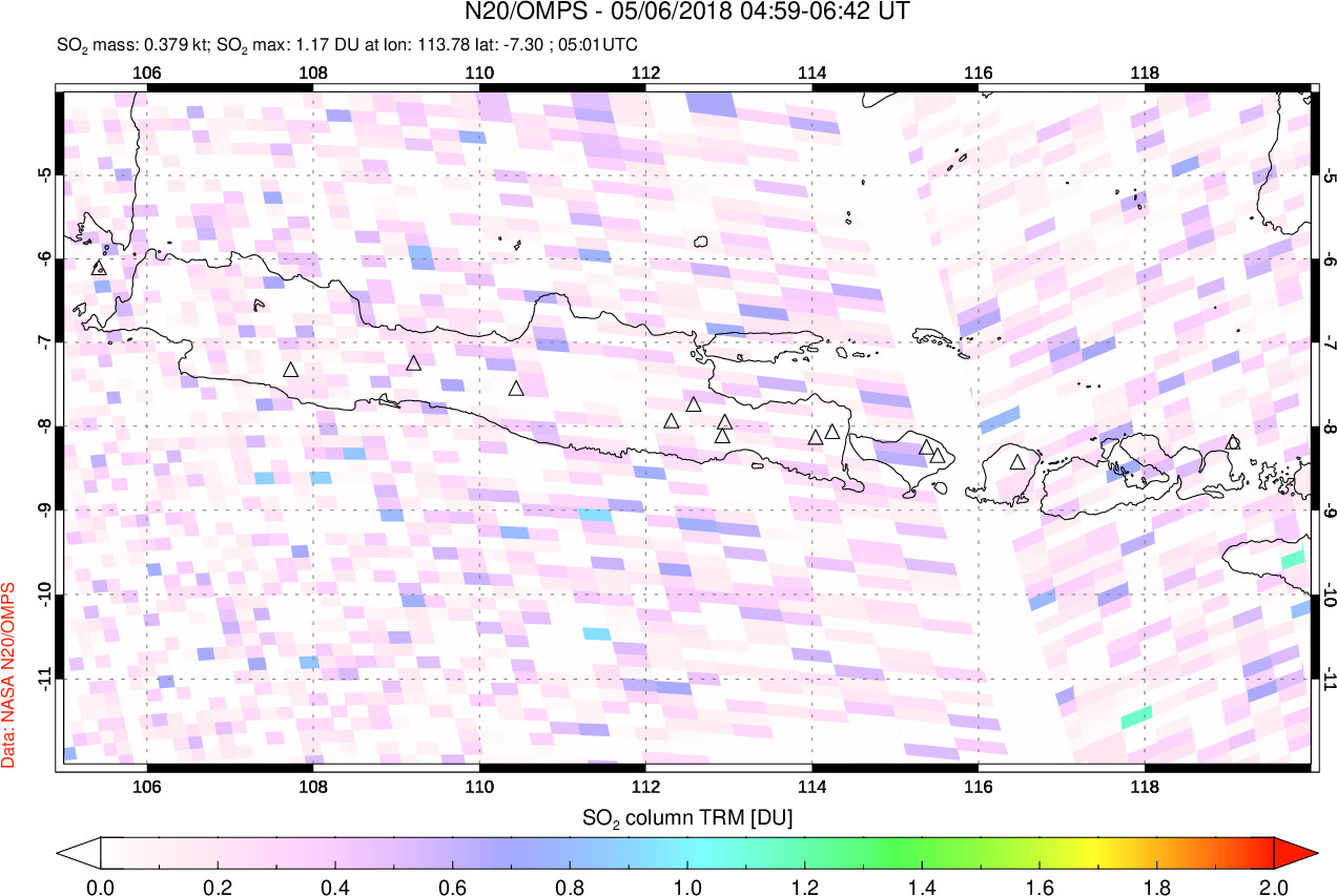 A sulfur dioxide image over Java, Indonesia on May 06, 2018.