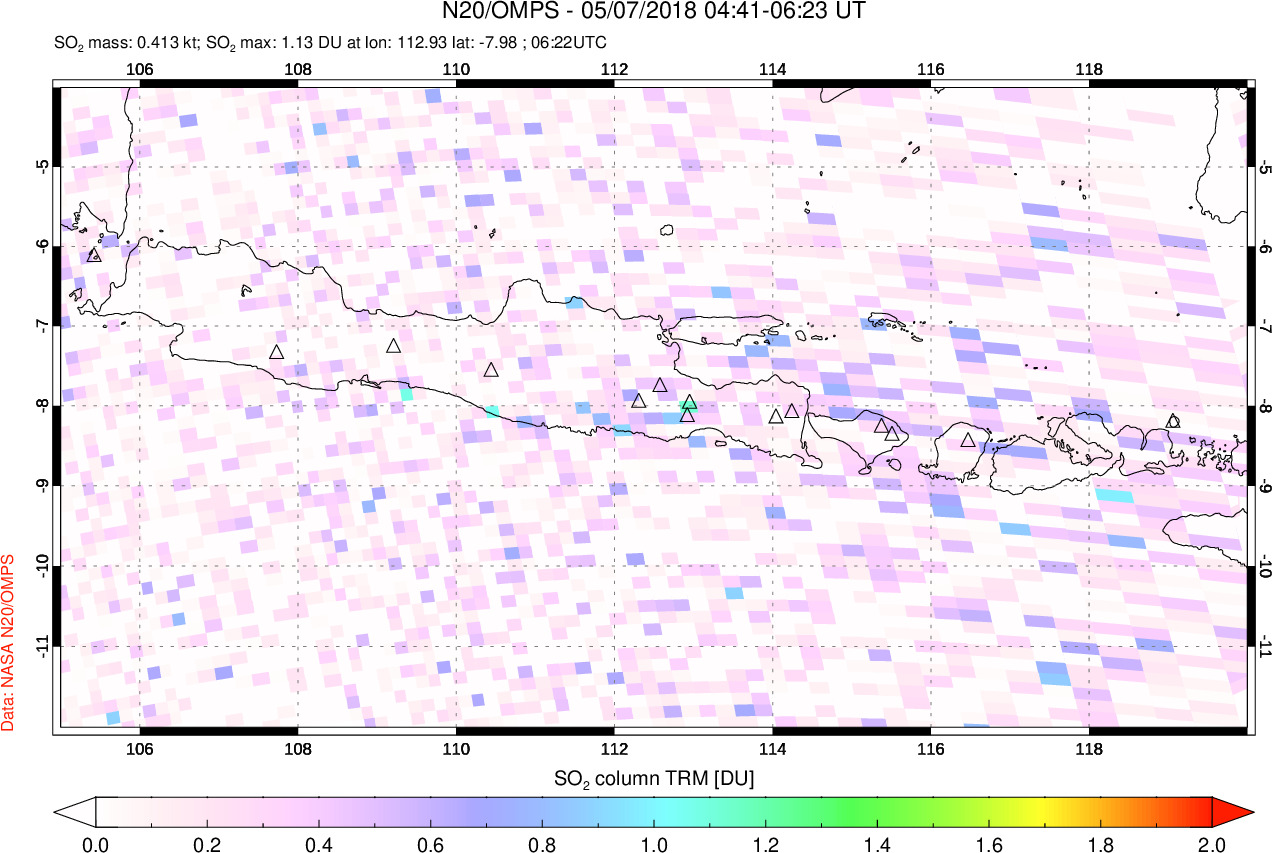 A sulfur dioxide image over Java, Indonesia on May 07, 2018.