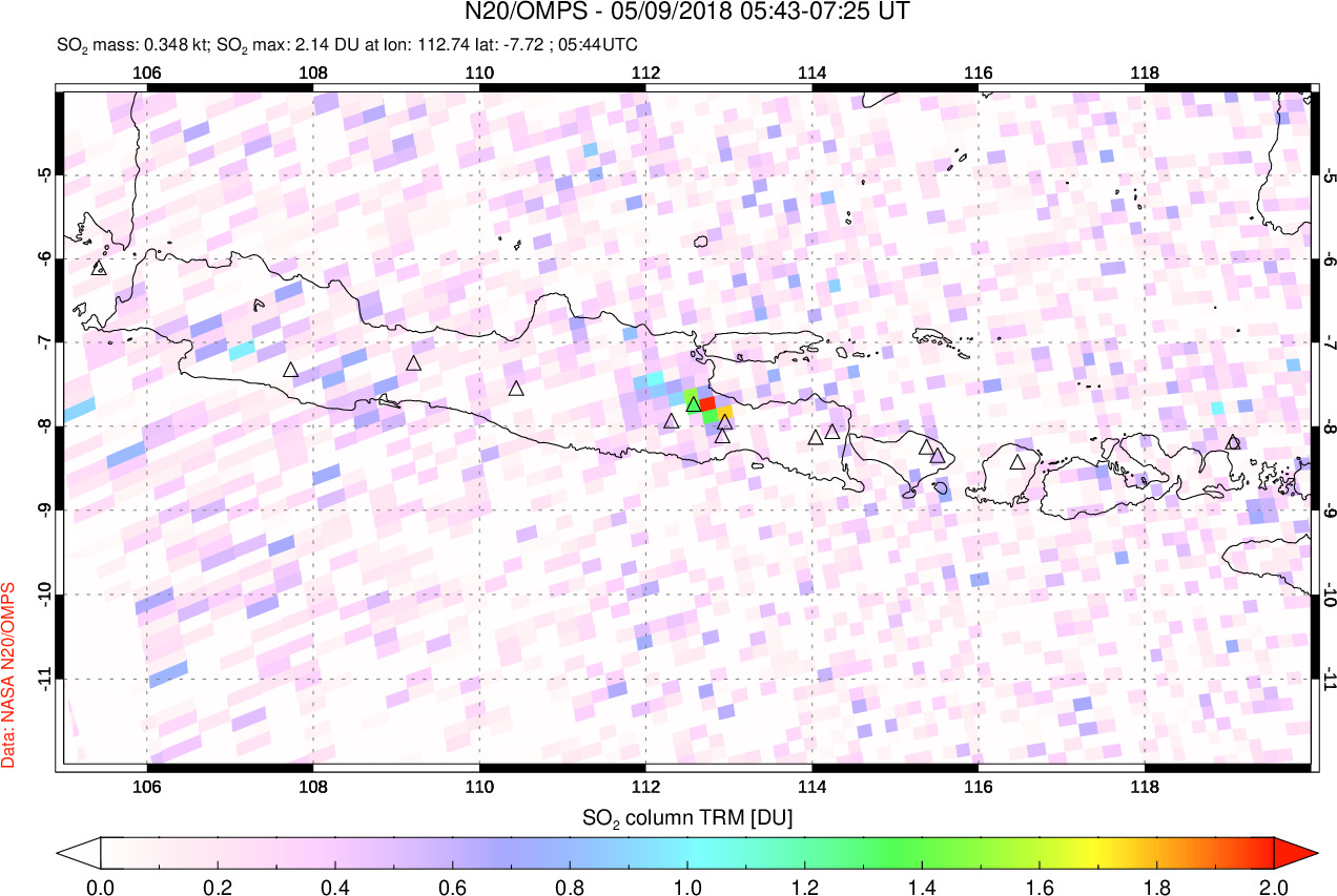 A sulfur dioxide image over Java, Indonesia on May 09, 2018.