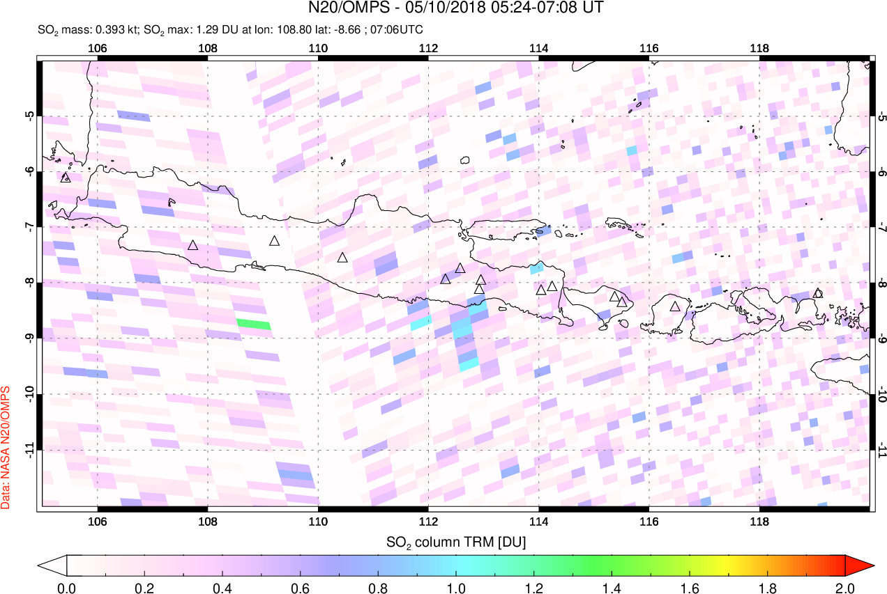 A sulfur dioxide image over Java, Indonesia on May 10, 2018.