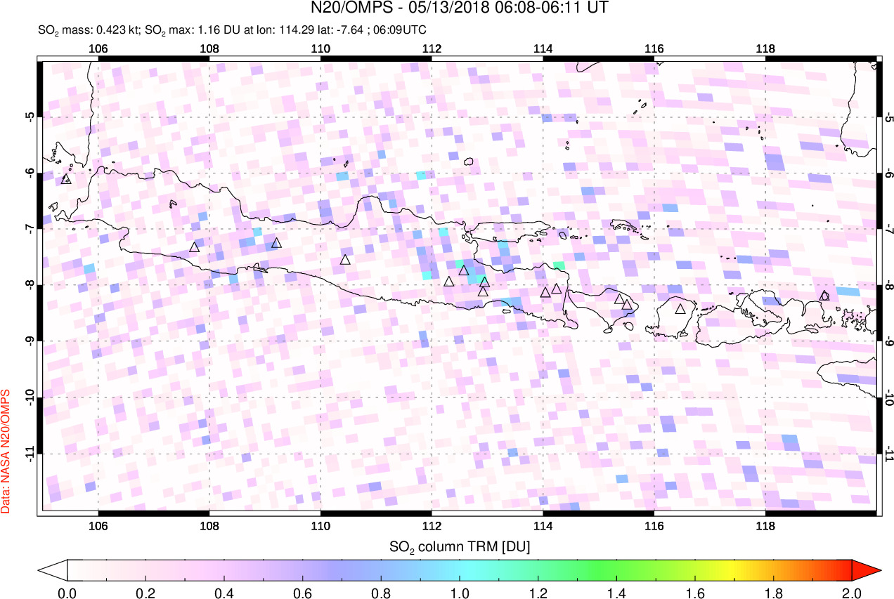 A sulfur dioxide image over Java, Indonesia on May 13, 2018.