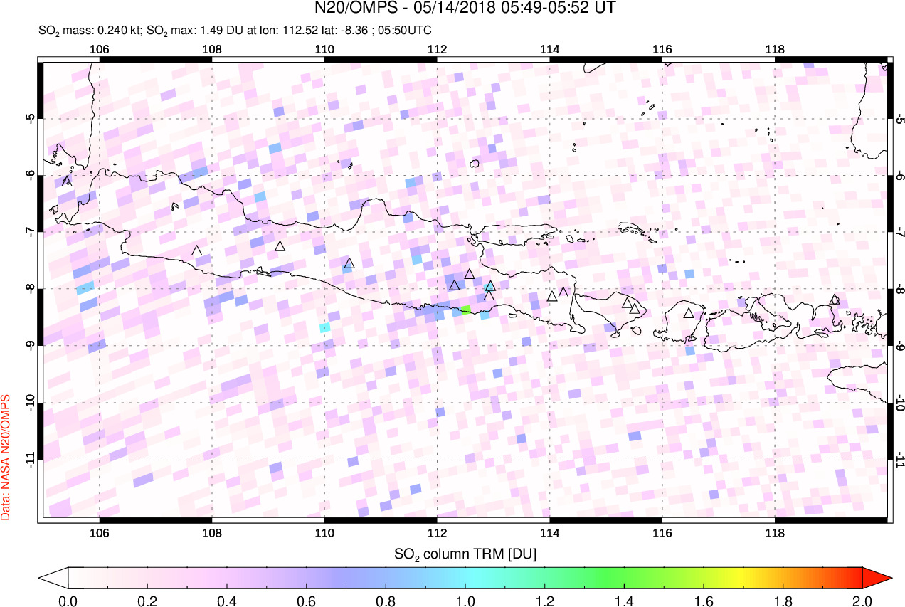 A sulfur dioxide image over Java, Indonesia on May 14, 2018.