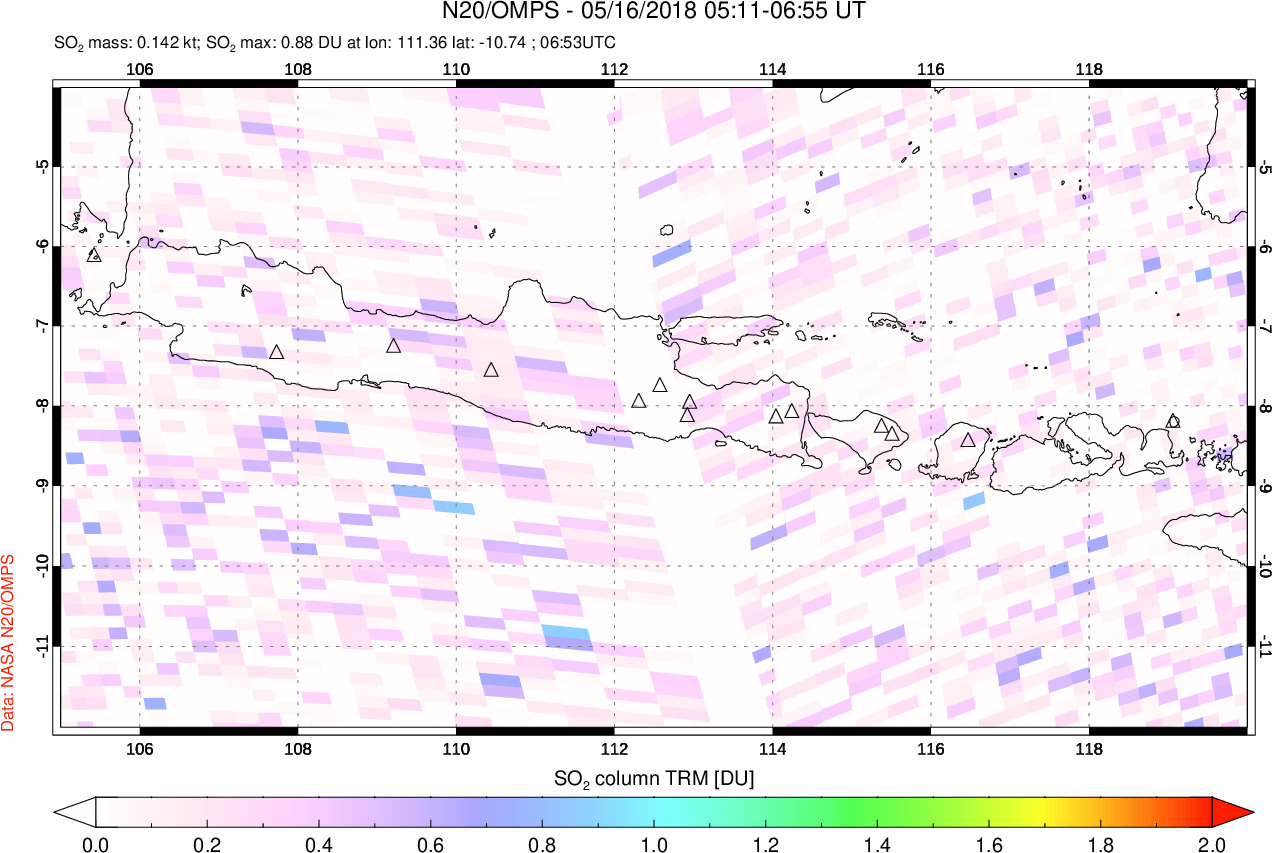A sulfur dioxide image over Java, Indonesia on May 16, 2018.