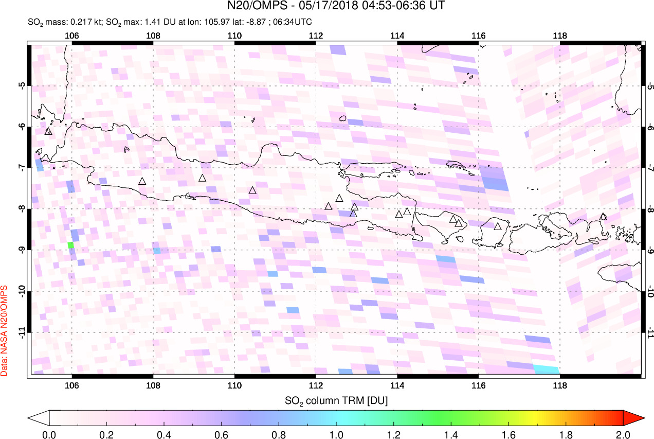 A sulfur dioxide image over Java, Indonesia on May 17, 2018.