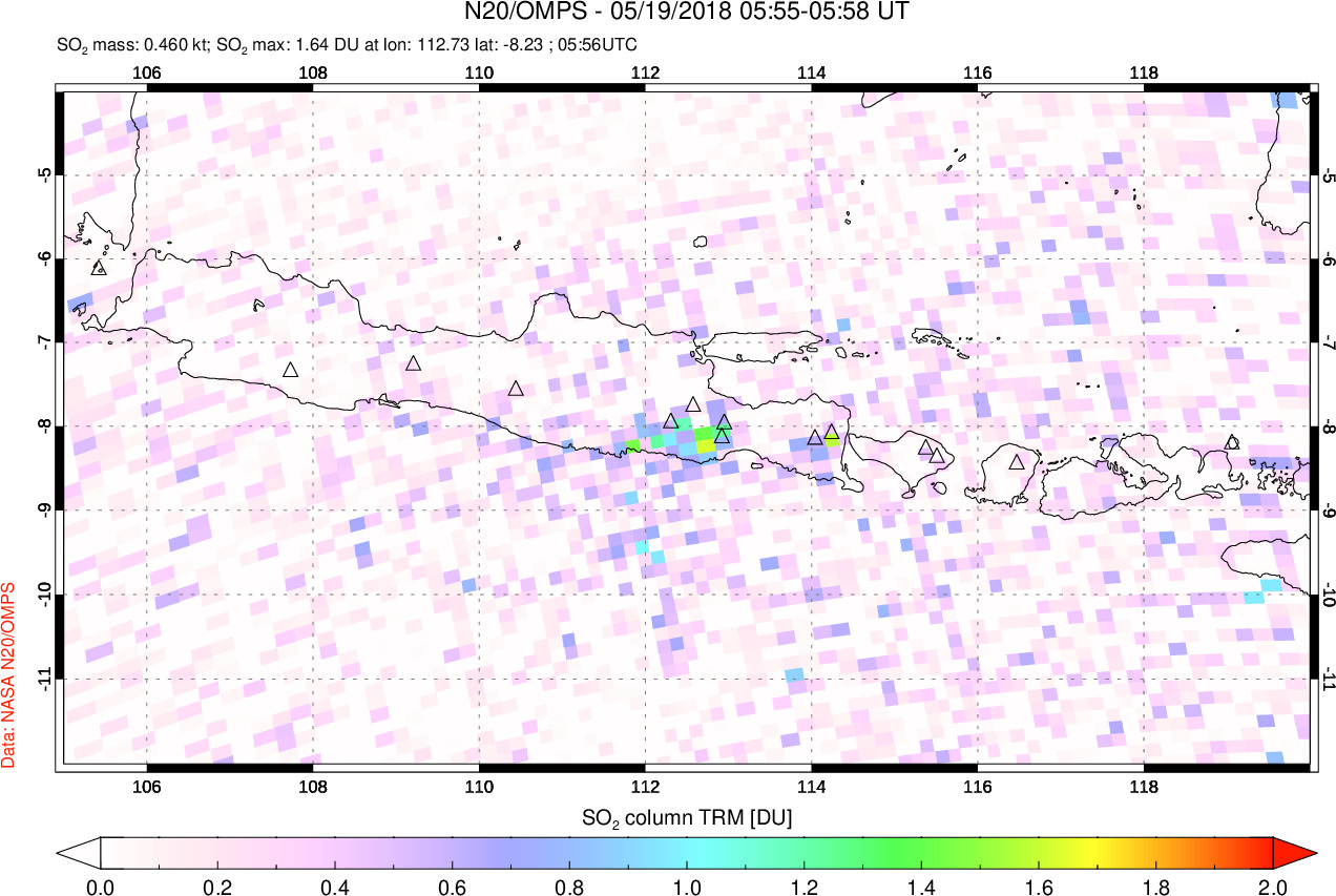 A sulfur dioxide image over Java, Indonesia on May 19, 2018.