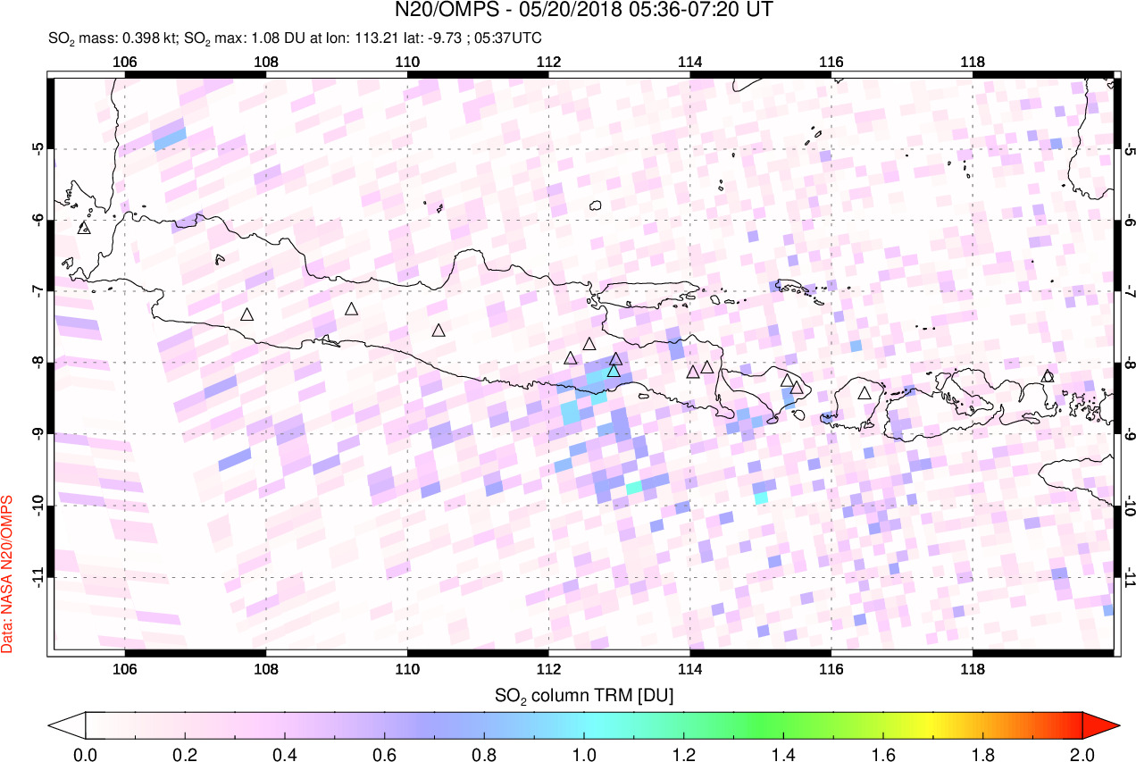 A sulfur dioxide image over Java, Indonesia on May 20, 2018.