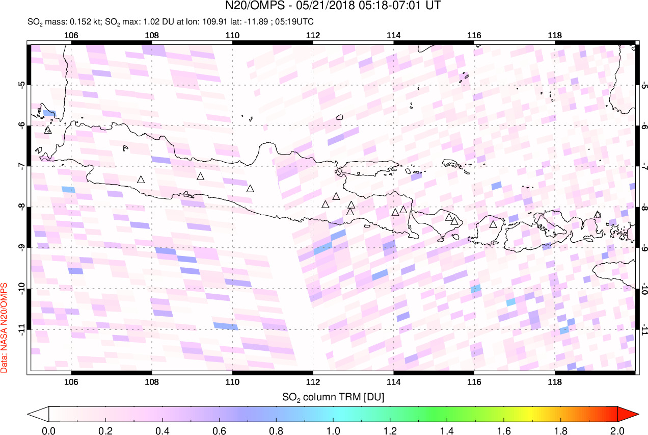 A sulfur dioxide image over Java, Indonesia on May 21, 2018.