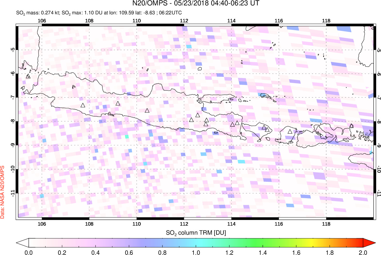A sulfur dioxide image over Java, Indonesia on May 23, 2018.
