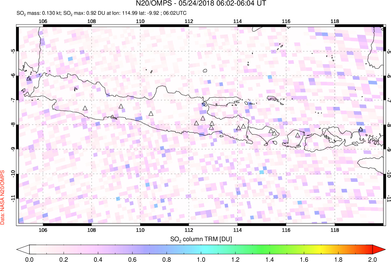 A sulfur dioxide image over Java, Indonesia on May 24, 2018.