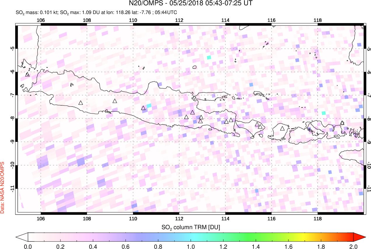 A sulfur dioxide image over Java, Indonesia on May 25, 2018.