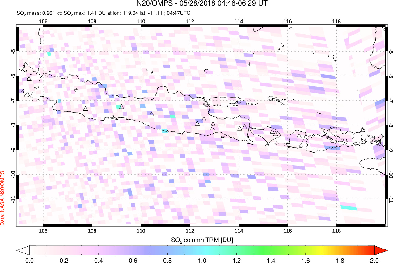 A sulfur dioxide image over Java, Indonesia on May 28, 2018.