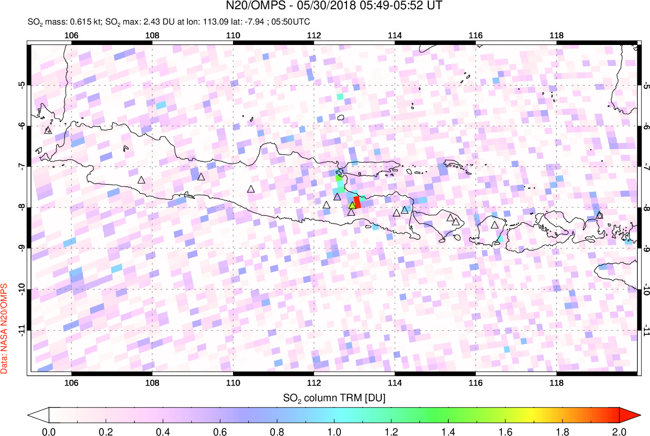 A sulfur dioxide image over Java, Indonesia on May 30, 2018.