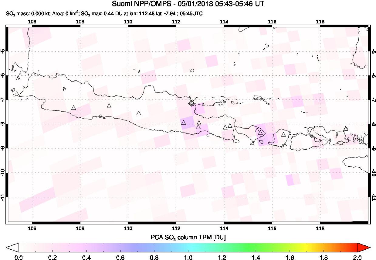 A sulfur dioxide image over Java, Indonesia on May 01, 2018.