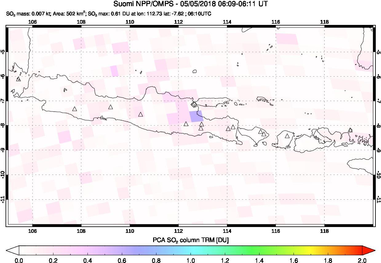 A sulfur dioxide image over Java, Indonesia on May 05, 2018.