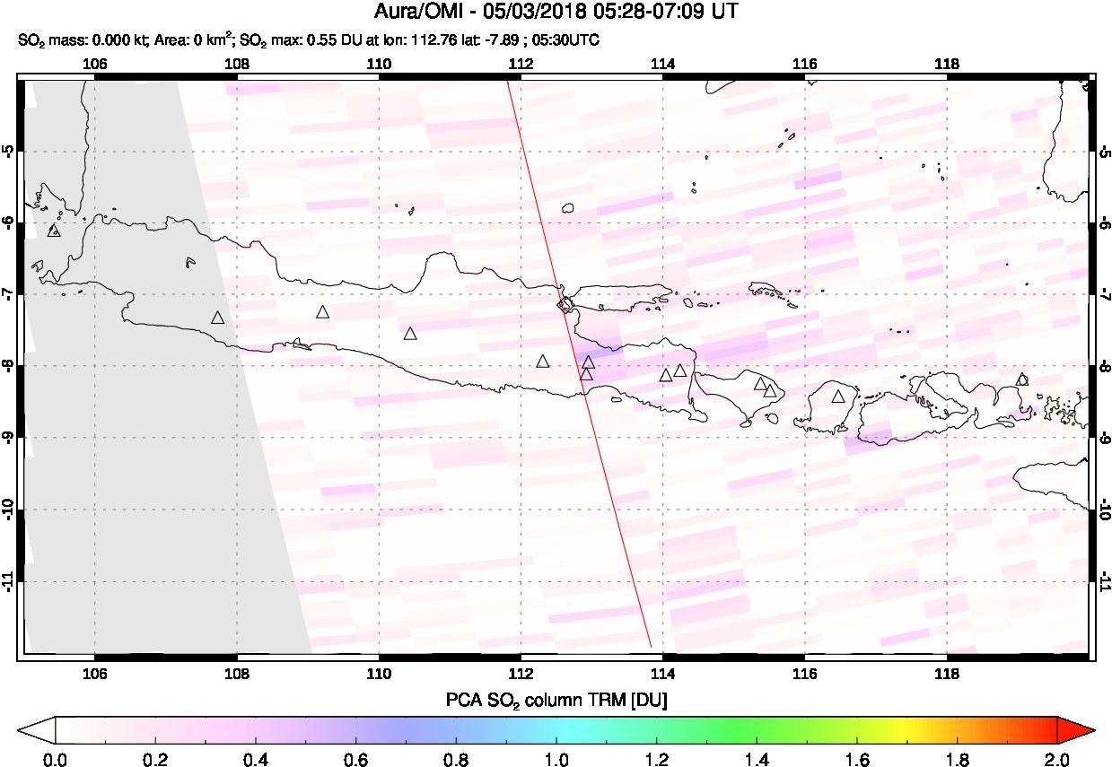 A sulfur dioxide image over Java, Indonesia on May 03, 2018.