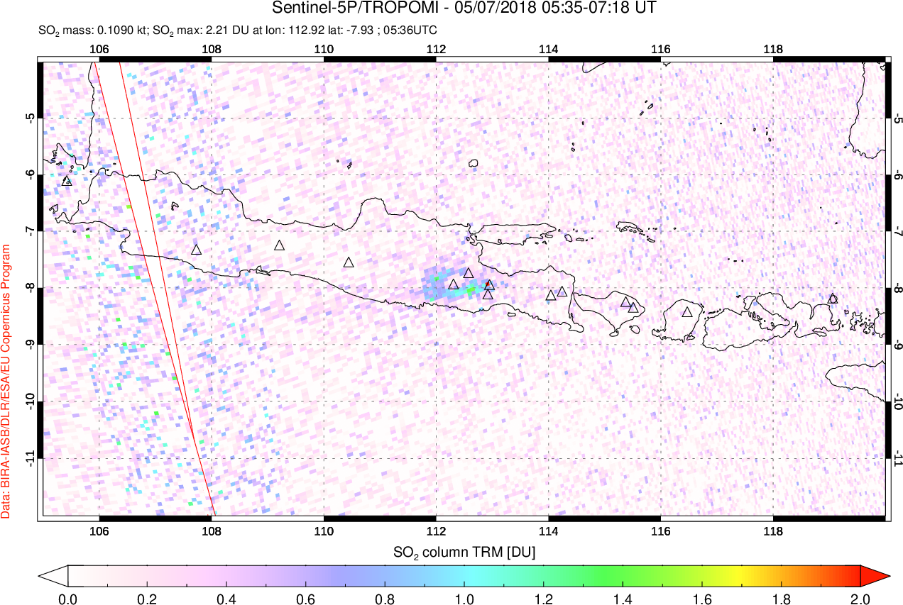 A sulfur dioxide image over Java, Indonesia on May 07, 2018.