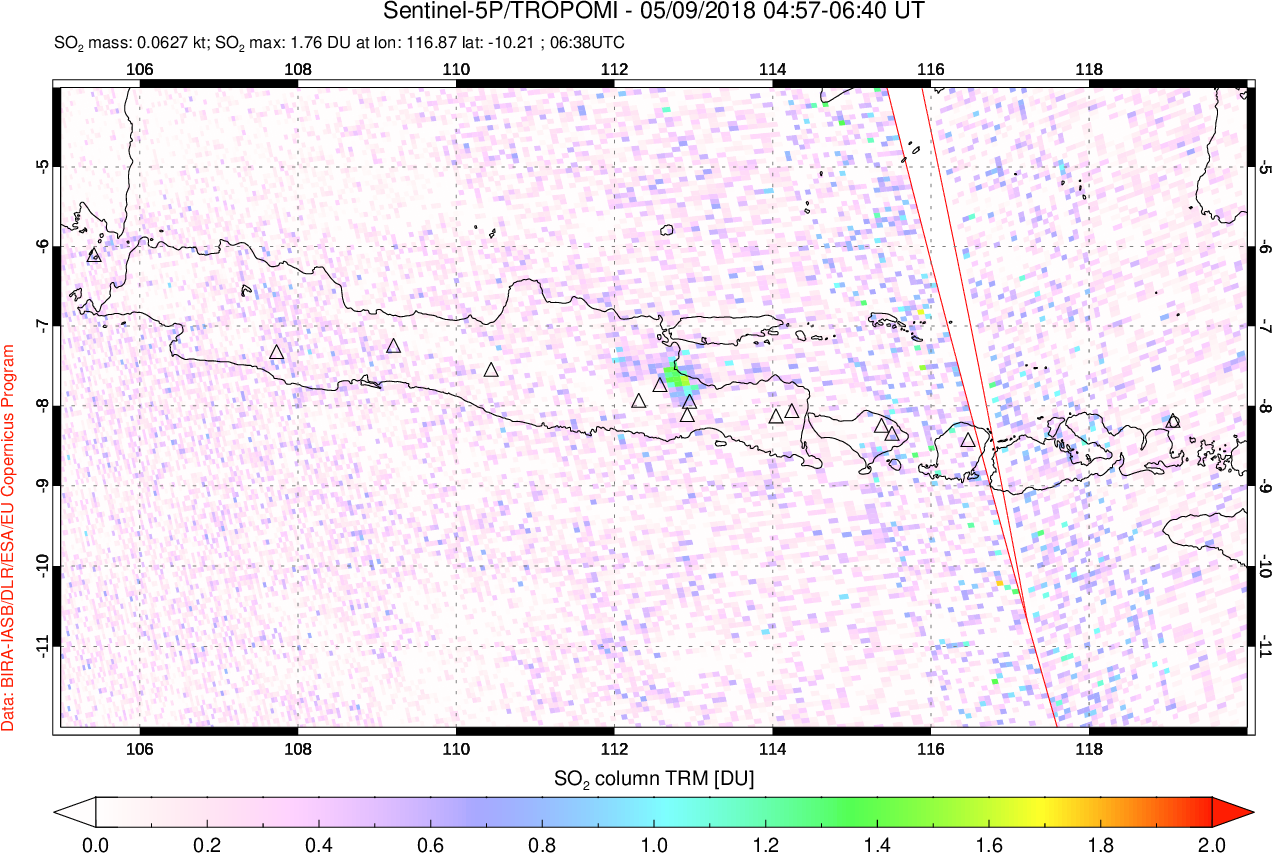 A sulfur dioxide image over Java, Indonesia on May 09, 2018.