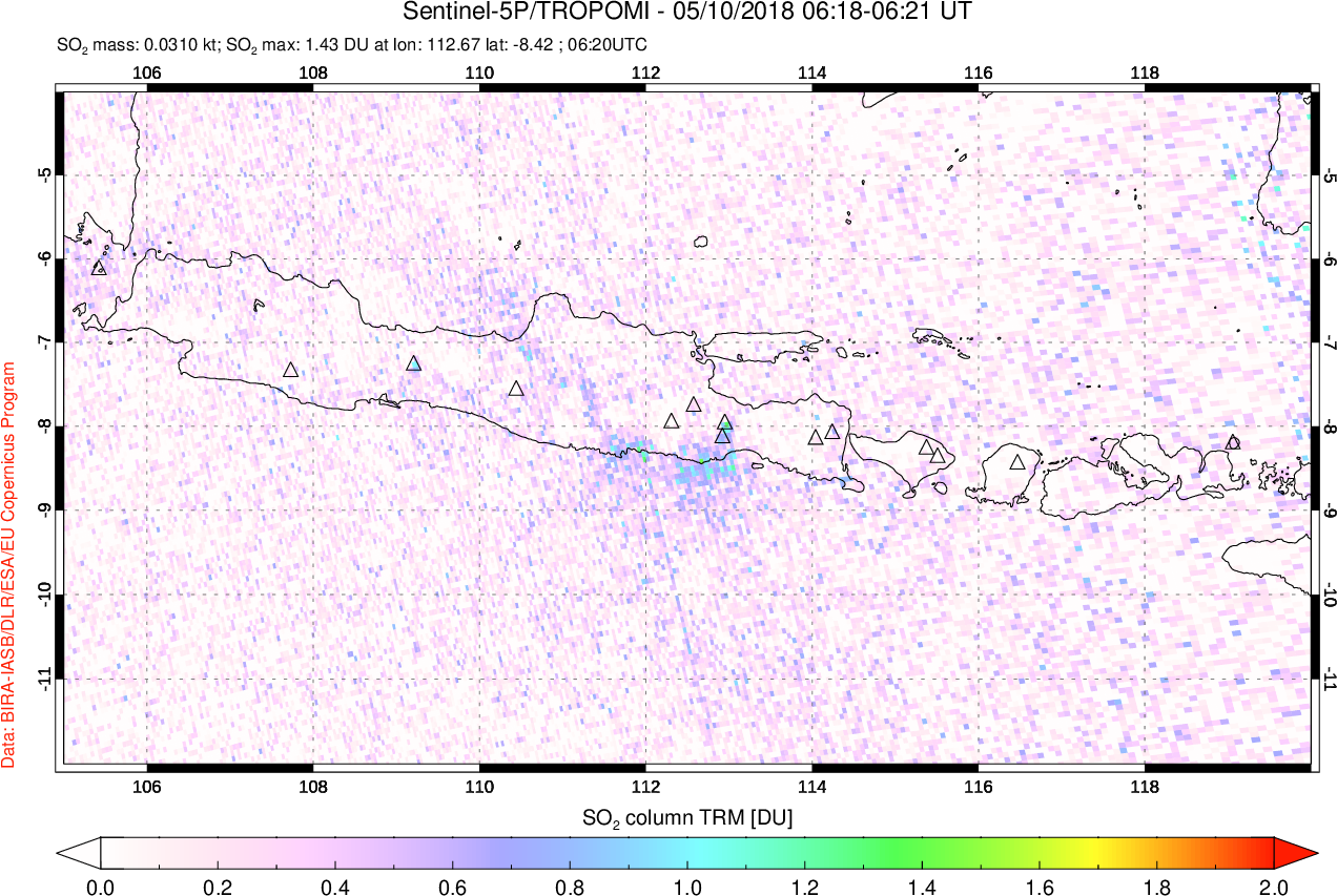 A sulfur dioxide image over Java, Indonesia on May 10, 2018.
