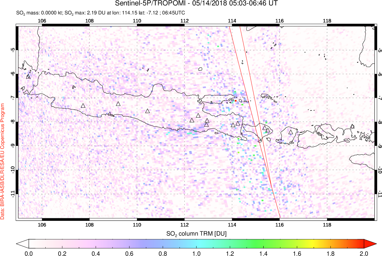 A sulfur dioxide image over Java, Indonesia on May 14, 2018.