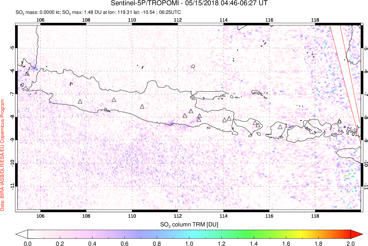A sulfur dioxide image over Java, Indonesia on May 15, 2018.