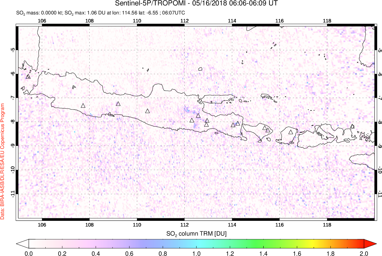 A sulfur dioxide image over Java, Indonesia on May 16, 2018.