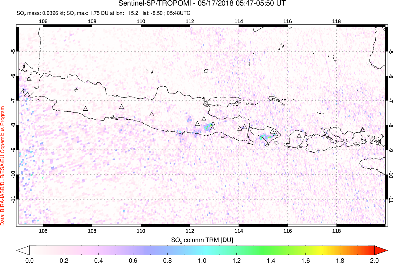 A sulfur dioxide image over Java, Indonesia on May 17, 2018.