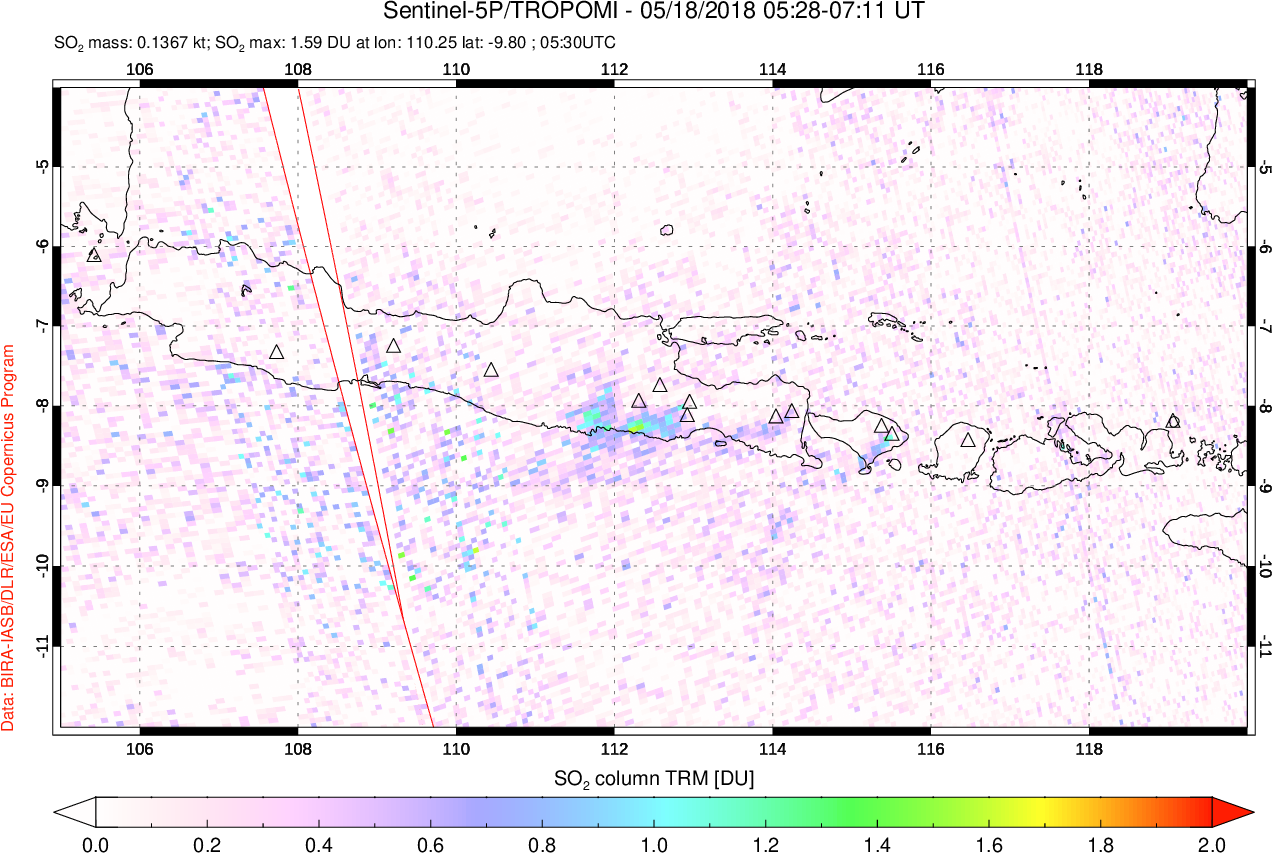 A sulfur dioxide image over Java, Indonesia on May 18, 2018.