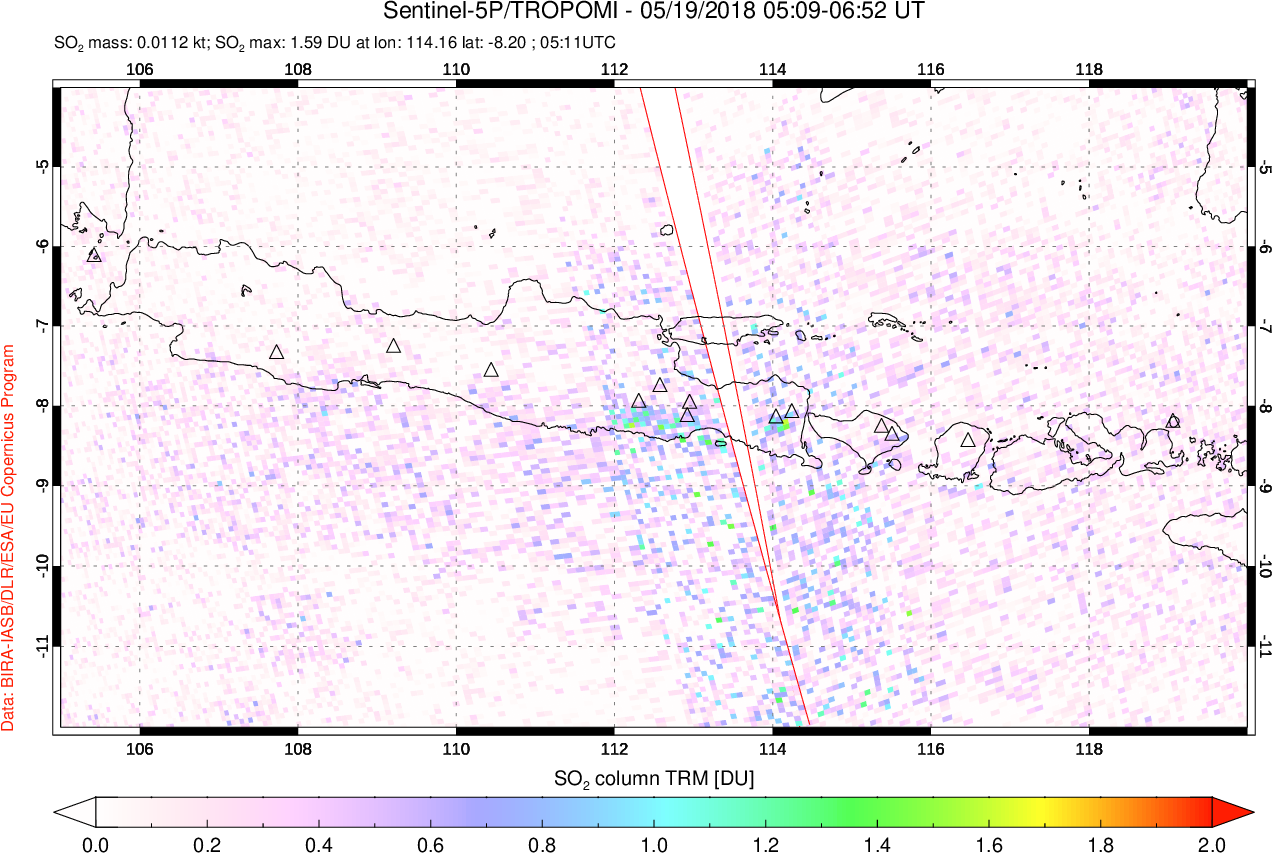 A sulfur dioxide image over Java, Indonesia on May 19, 2018.