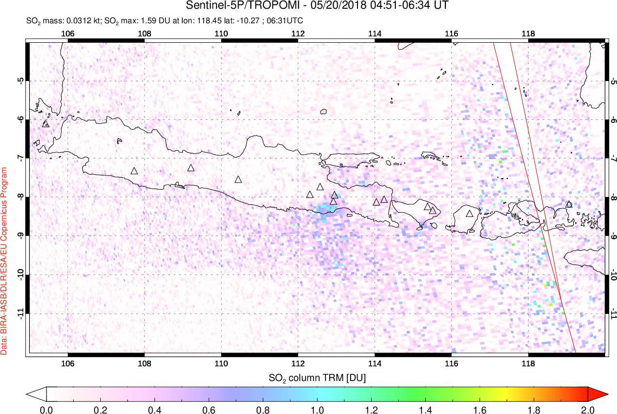 A sulfur dioxide image over Java, Indonesia on May 20, 2018.