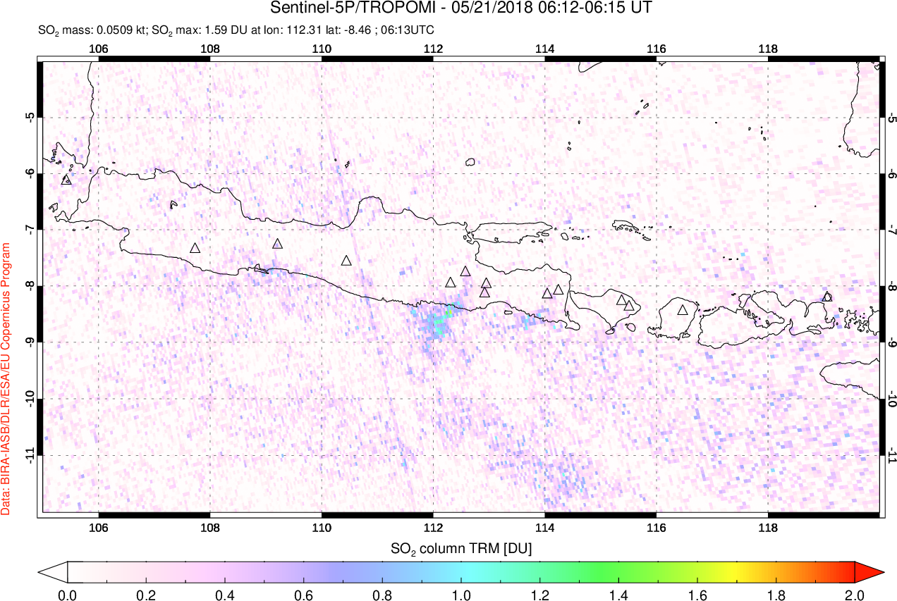 A sulfur dioxide image over Java, Indonesia on May 21, 2018.