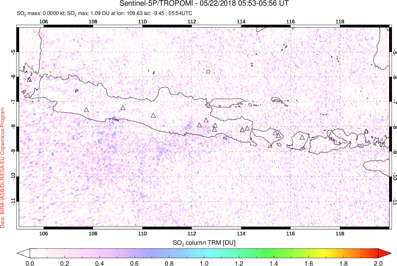 A sulfur dioxide image over Java, Indonesia on May 22, 2018.